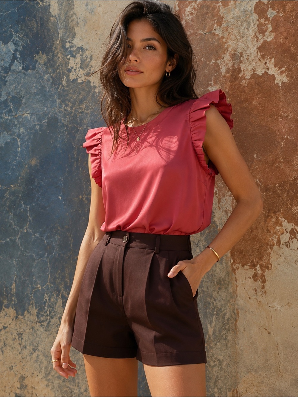 Nation LTD NWT Satin Ruffle Sleeve Paulette Blouse in Rose Pink, Size M